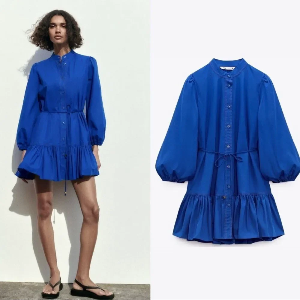 Zara Cobalt Blue Dress Ballon Sleeves Tiered Ruffle Mini Size XL - Picture 1 of 11